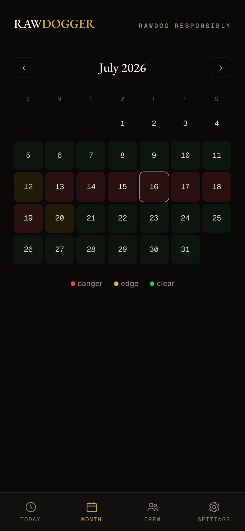 RAWDOGGER month calendar screen