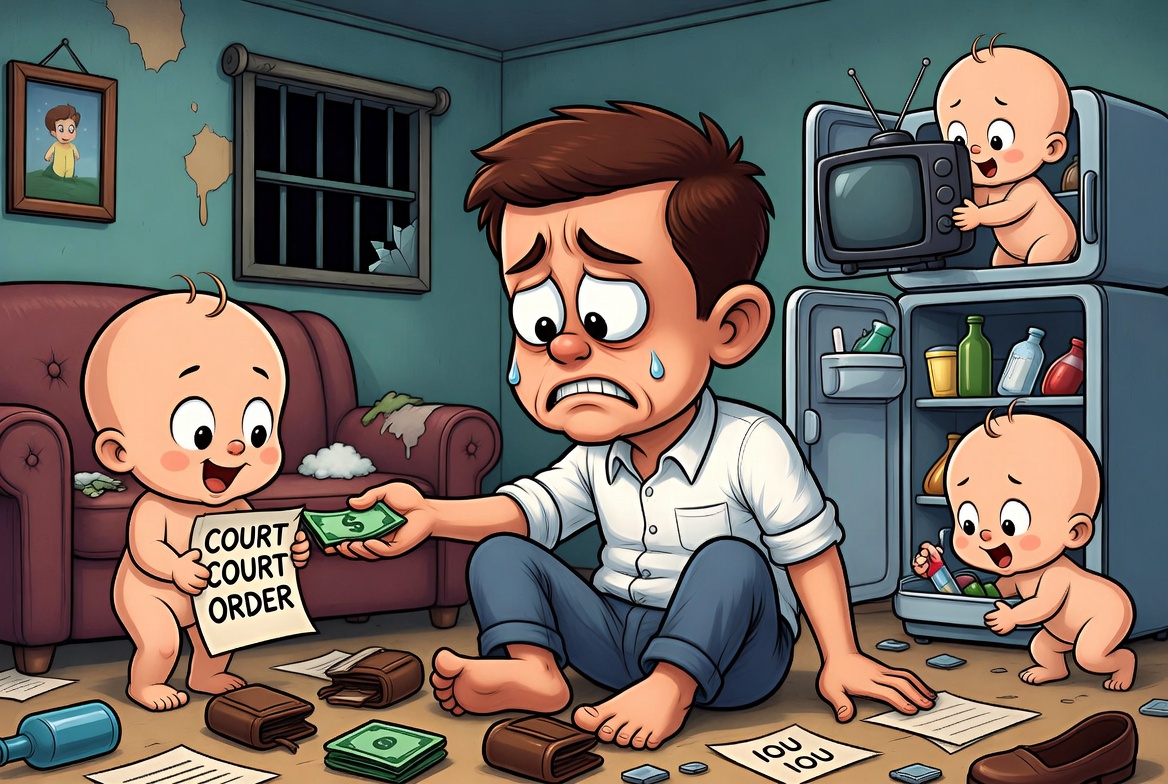 A broke man on the floor as a baby hands him a court order