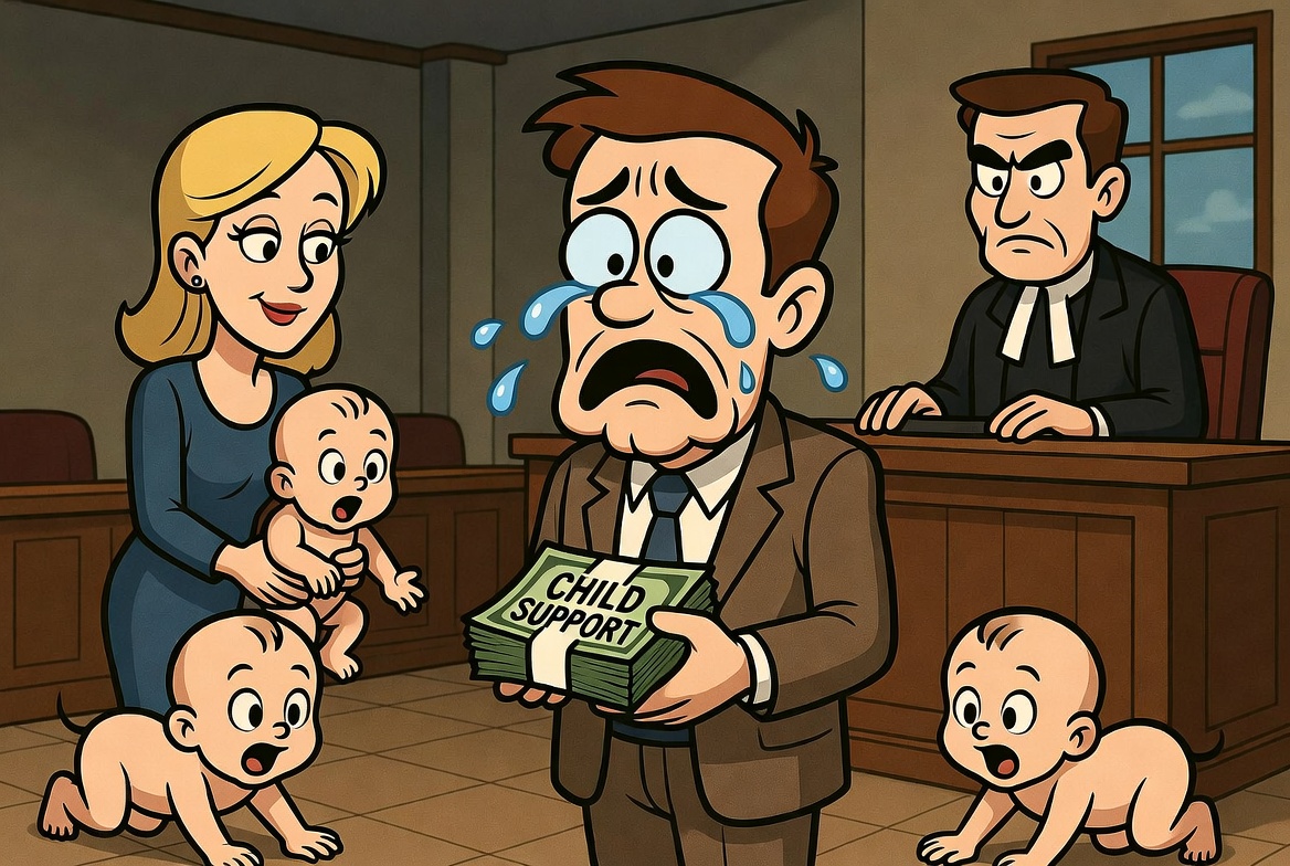 A tearful man in a courtroom holding a child-support order